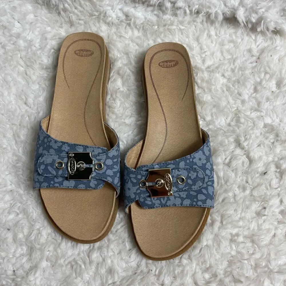 Dr Scholl’s Originalist Bleu Denim slide sandals silver tone accents size 10